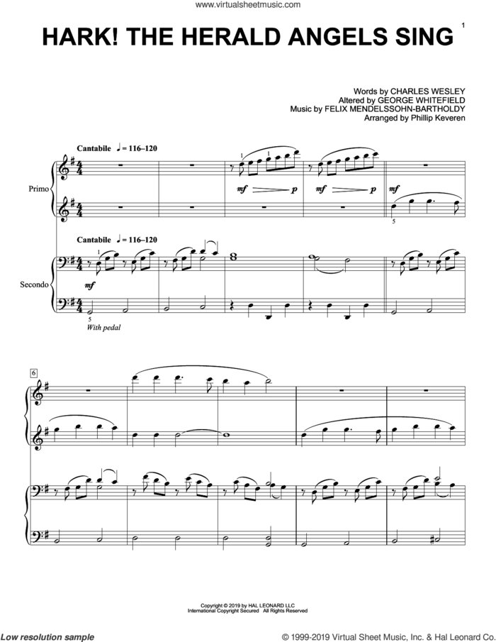 Hark! The Herald Angels Sing (arr. Phillip Keveren) sheet music for piano four hands by Felix Mendelssohn-Bartholdy, Phillip Keveren, Charles Wesley, George Whitefield and William H. Cummings, intermediate skill level