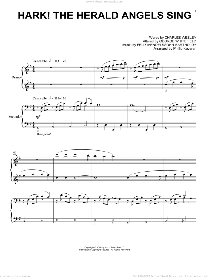 Hark! The Herald Angels Sing (arr. Phillip Keveren) sheet music for piano four hands by Felix Mendelssohn-Bartholdy, Phillip Keveren, Charles Wesley, George Whitefield and William H. Cummings, intermediate skill level