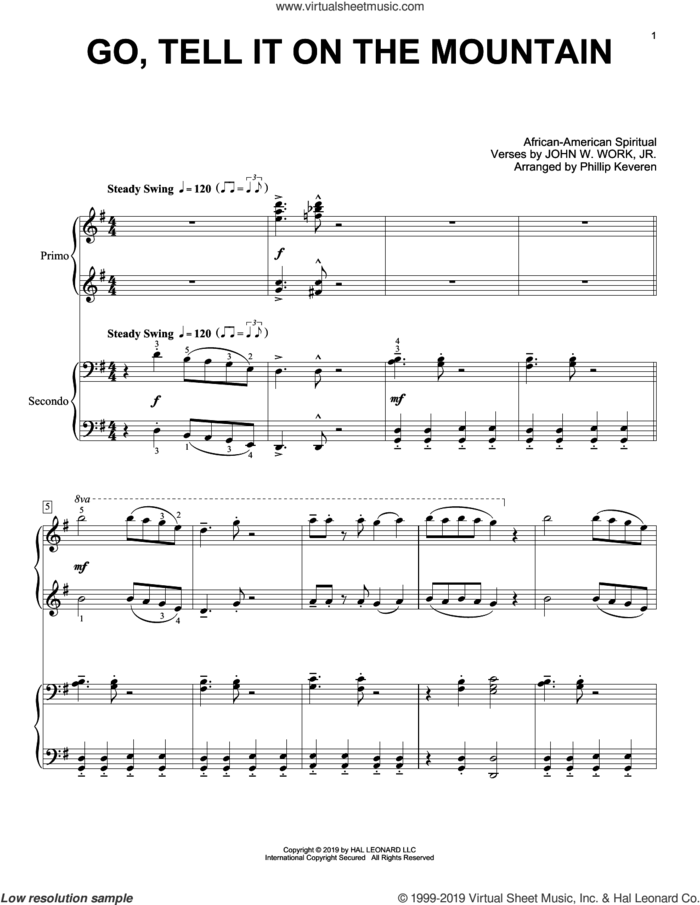 Go, Tell It On The Mountain (arr. Phillip Keveren) sheet music for piano four hands by John W. Work, Jr., Phillip Keveren and Miscellaneous, intermediate skill level