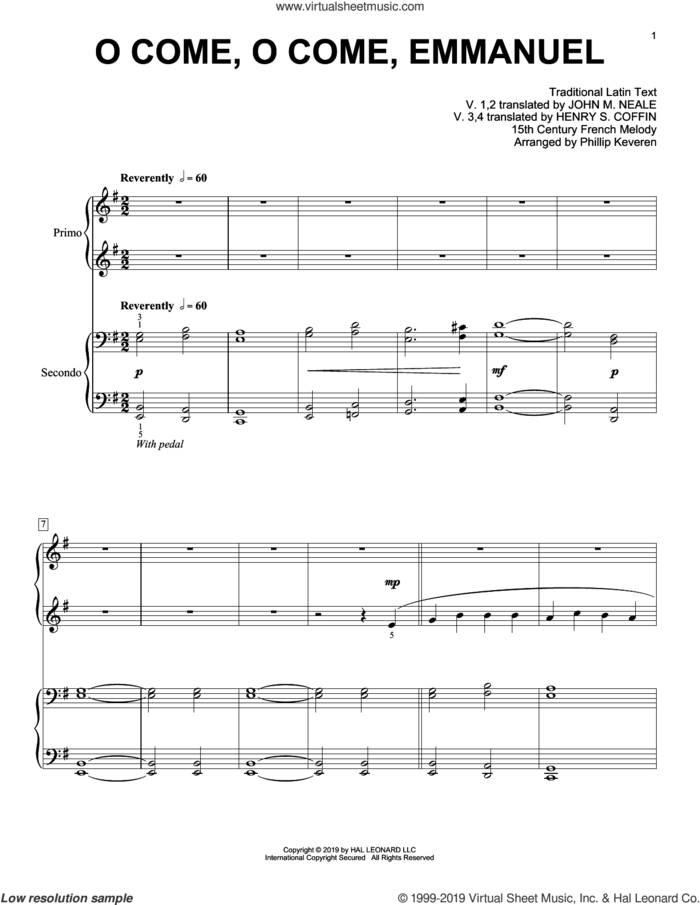 O Come, O Come, Emmanuel (arr. Phillip Keveren) sheet music for piano four hands by John M. Neale (v. 1,2), Phillip Keveren, 15th Century French Melody, Henry S. Coffin (v. 3,4), Miscellaneous and Thomas Helmore, intermediate skill level
