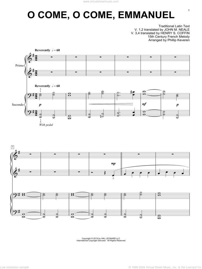 O Come, O Come, Emmanuel (arr. Phillip Keveren) sheet music for piano four hands by John M. Neale (v. 1,2), Phillip Keveren, 15th Century French Melody, Henry S. Coffin (v. 3,4), Miscellaneous and Thomas Helmore, intermediate skill level