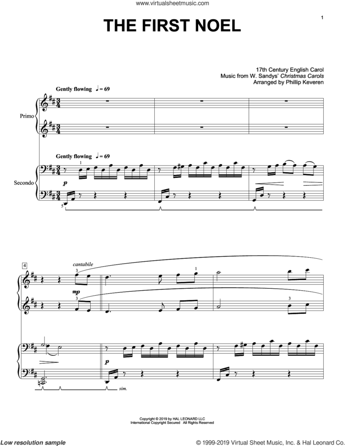 The First Noel (arr. Phillip Keveren) sheet music for piano four hands by W. Sandys' Christmas Carols, Phillip Keveren and Miscellaneous, intermediate skill level