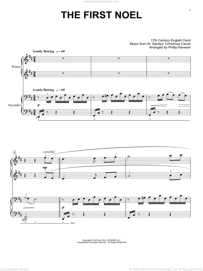 The First Noel (arr. Phillip Keveren) sheet music for piano four hands by W. Sandys' Christmas Carols, Phillip Keveren and Miscellaneous, intermediate skill level