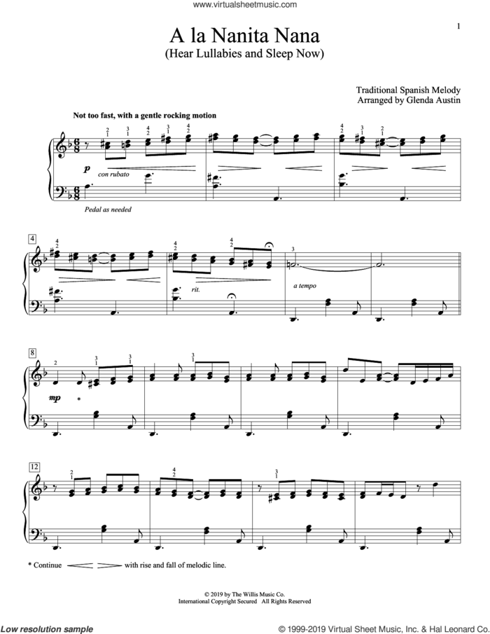 A La Nanita Nana (Hear Lullabies And Sleep Now) (arr. Glenda Austin) sheet music for piano solo  and Glenda Austin, intermediate skill level