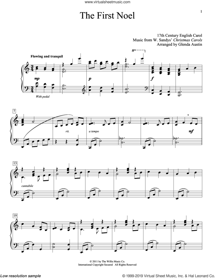 The First Noel (arr. Glenda Austin) sheet music for piano solo by Anonymous, Glenda Austin and Miscellaneous, intermediate skill level