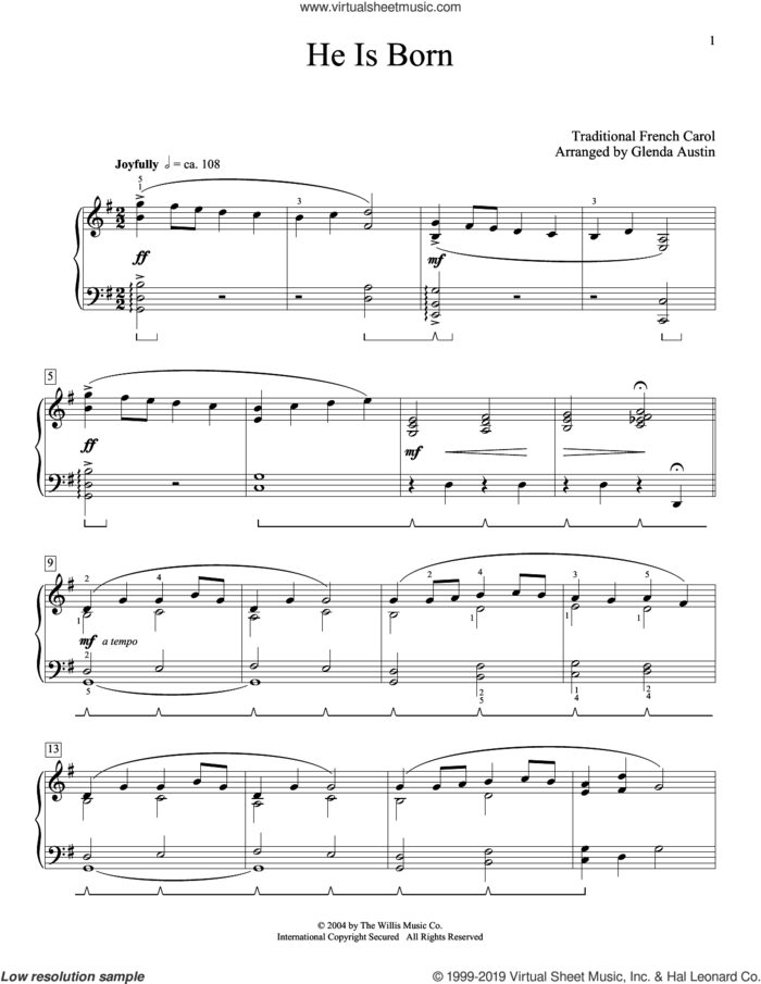 He Is Born (arr. Glenda Austin) sheet music for piano solo  and Glenda Austin, intermediate skill level