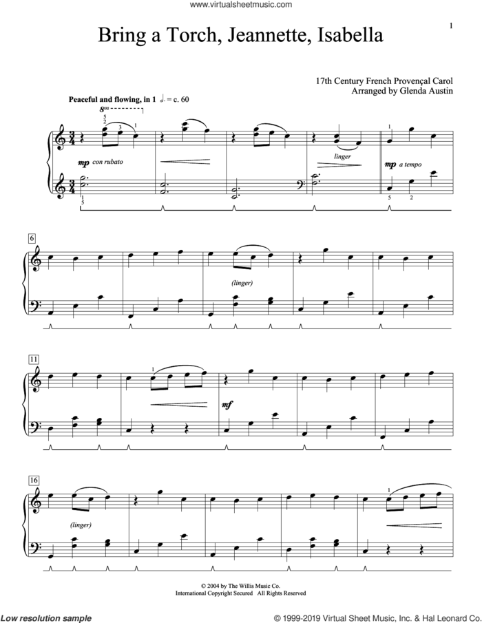 Bring A Torch, Jeannette, Isabella (arr. Glenda Austin) sheet music for piano solo by Anonymous, Glenda Austin and Miscellaneous, intermediate skill level