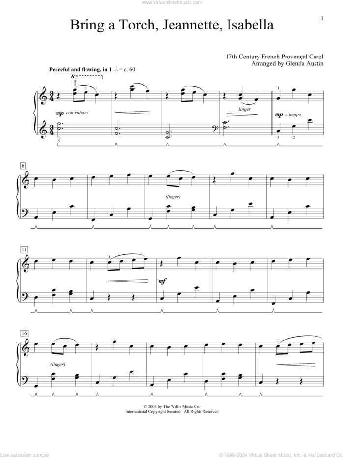 Bring A Torch, Jeannette, Isabella (arr. Glenda Austin) sheet music for piano solo by Anonymous, Glenda Austin and Miscellaneous, intermediate skill level