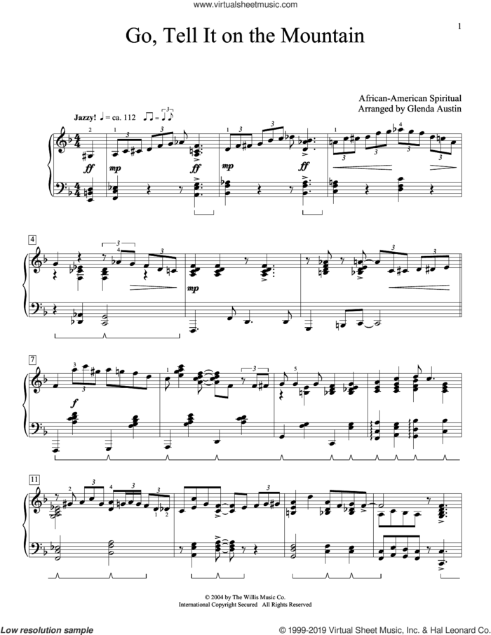 Go, Tell It On The Mountain (arr. Glenda Austin) sheet music for piano solo by John W. Work, Jr., Glenda Austin and Miscellaneous, intermediate skill level