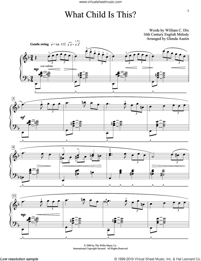 What Child Is This? (arr. Glenda Austin) sheet music for piano solo by William Chatterton Dix, Glenda Austin and Miscellaneous, intermediate skill level