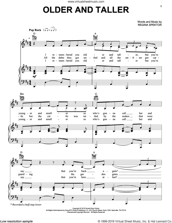 Older And Taller sheet music for voice, piano or guitar by Regina Spektor, intermediate skill level