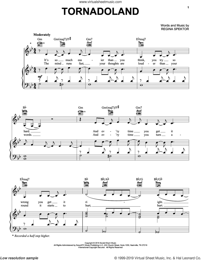 Tornadoland sheet music for voice, piano or guitar by Regina Spektor, intermediate skill level