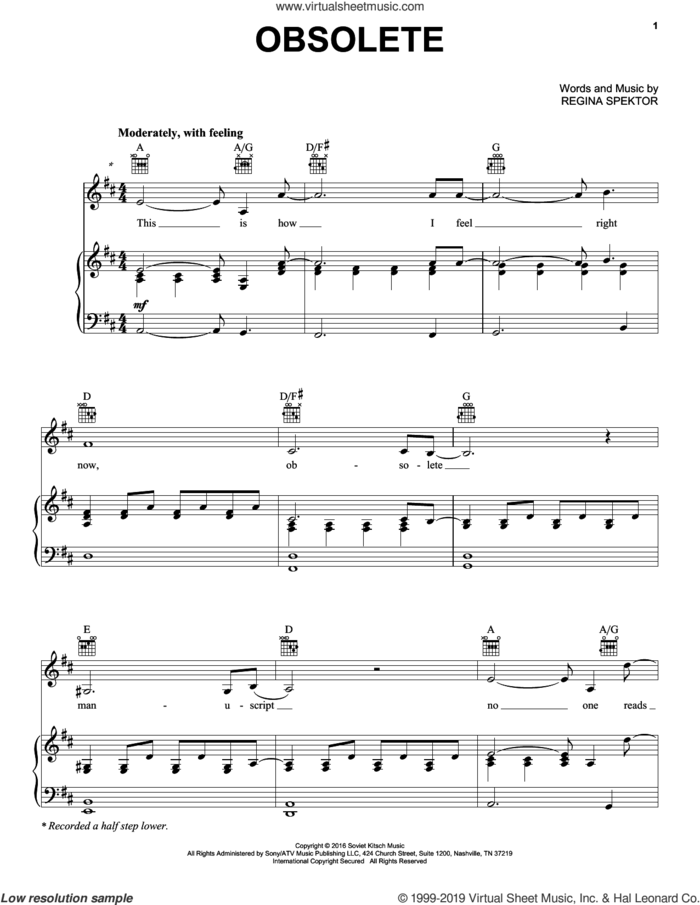 Obsolete sheet music for voice, piano or guitar by Regina Spektor, intermediate skill level