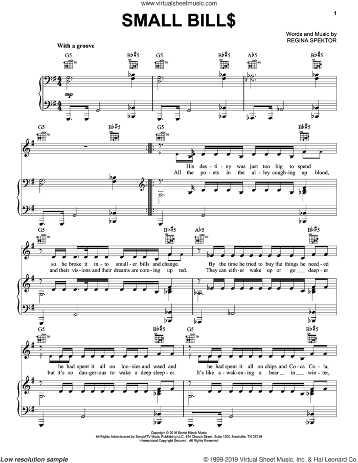 Small Bill$ sheet music for voice, piano or guitar by Regina Spektor, intermediate skill level