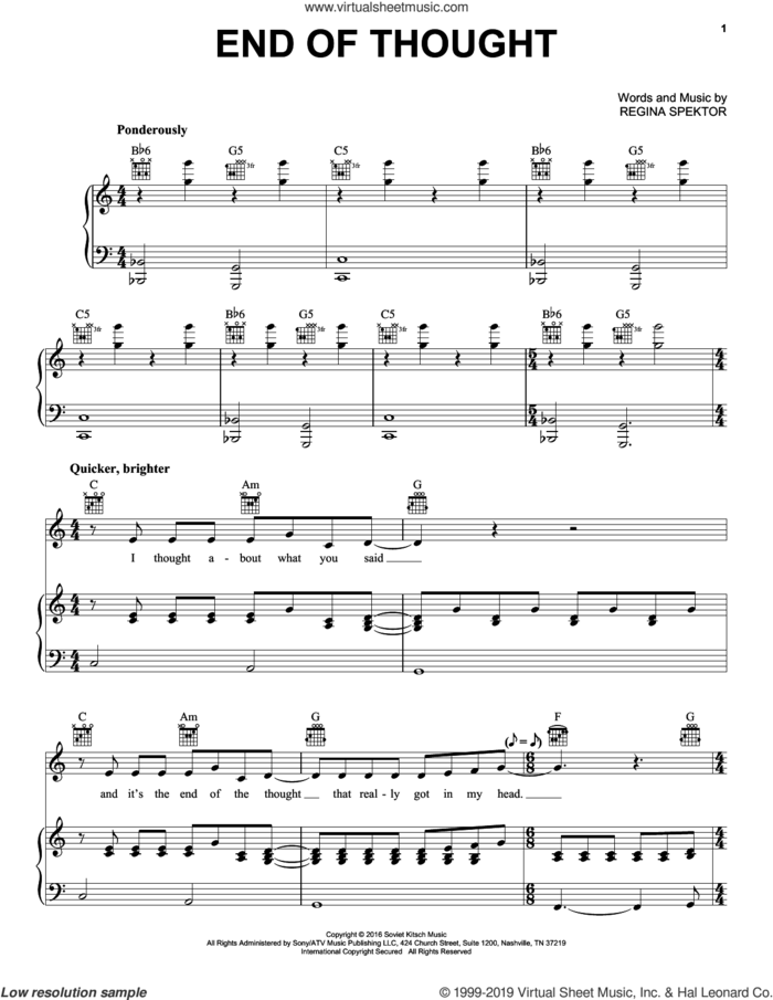 End Of Thought sheet music for voice, piano or guitar by Regina Spektor, intermediate skill level