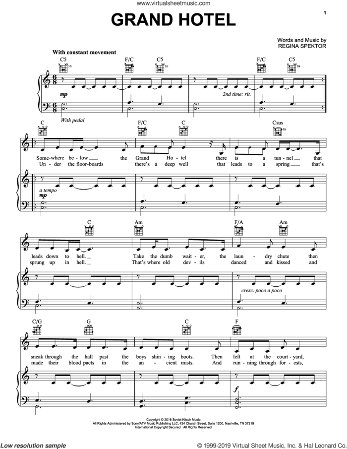 Grand Hotel sheet music for voice and piano by Regina Spektor, intermediate skill level