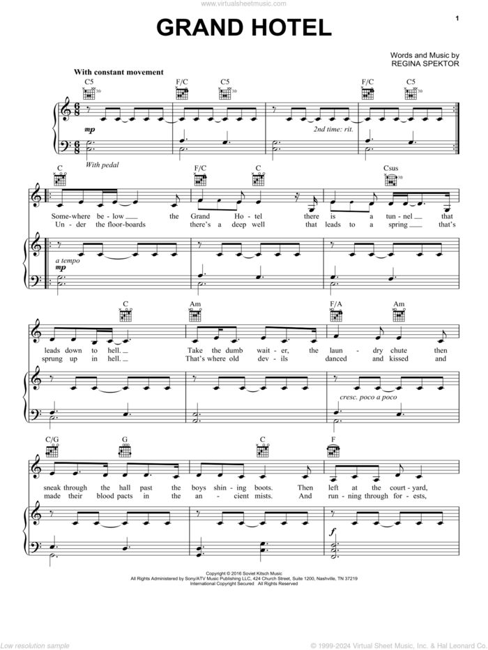 Grand Hotel sheet music for voice and piano by Regina Spektor, intermediate skill level