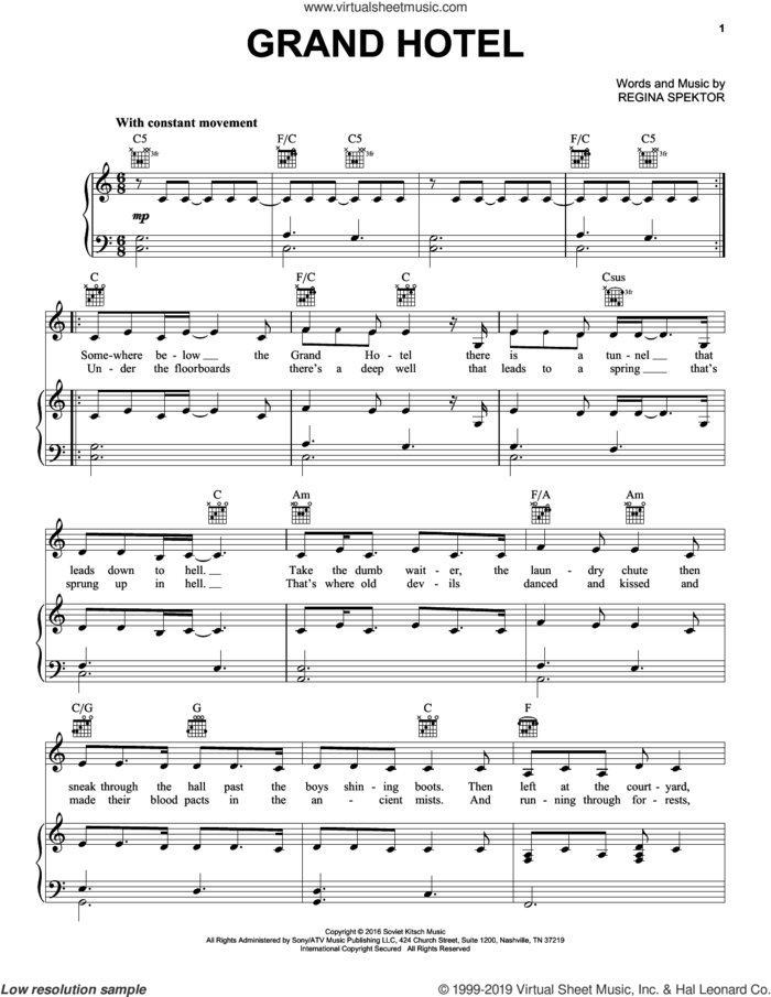 Grand Hotel sheet music for voice, piano or guitar by Regina Spektor, intermediate skill level