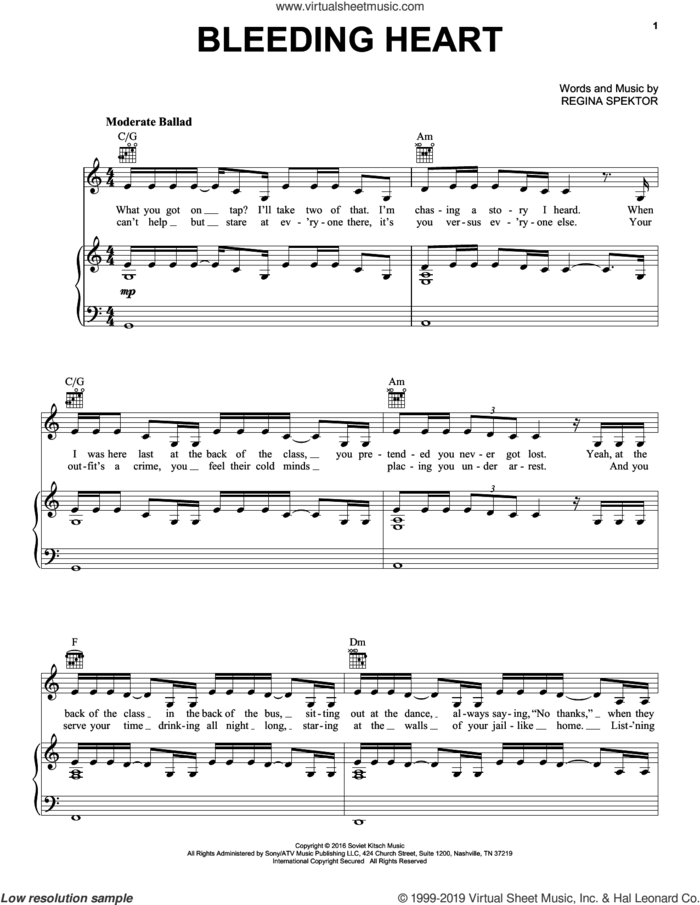 Bleeding Heart sheet music for voice, piano or guitar by Regina Spektor, intermediate skill level