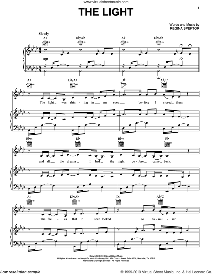 The Light sheet music for voice, piano or guitar by Regina Spektor, intermediate skill level