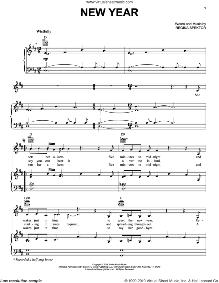 New Year sheet music for voice, piano or guitar by Regina Spektor, intermediate skill level