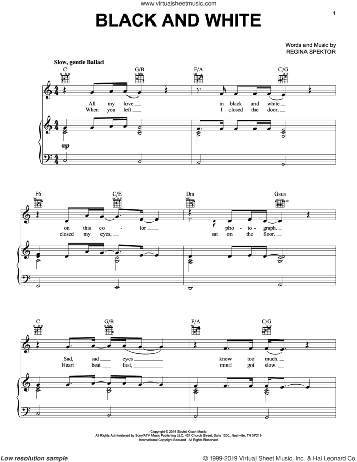 Black And White sheet music for voice, piano or guitar by Regina Spektor, intermediate skill level