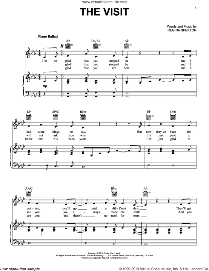 The Visit sheet music for voice, piano or guitar by Regina Spektor, intermediate skill level