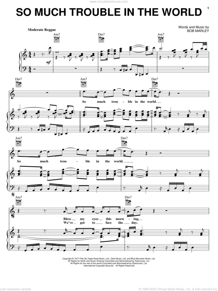 So Much Trouble In The World sheet music for voice, piano or guitar by Bob Marley, intermediate skill level