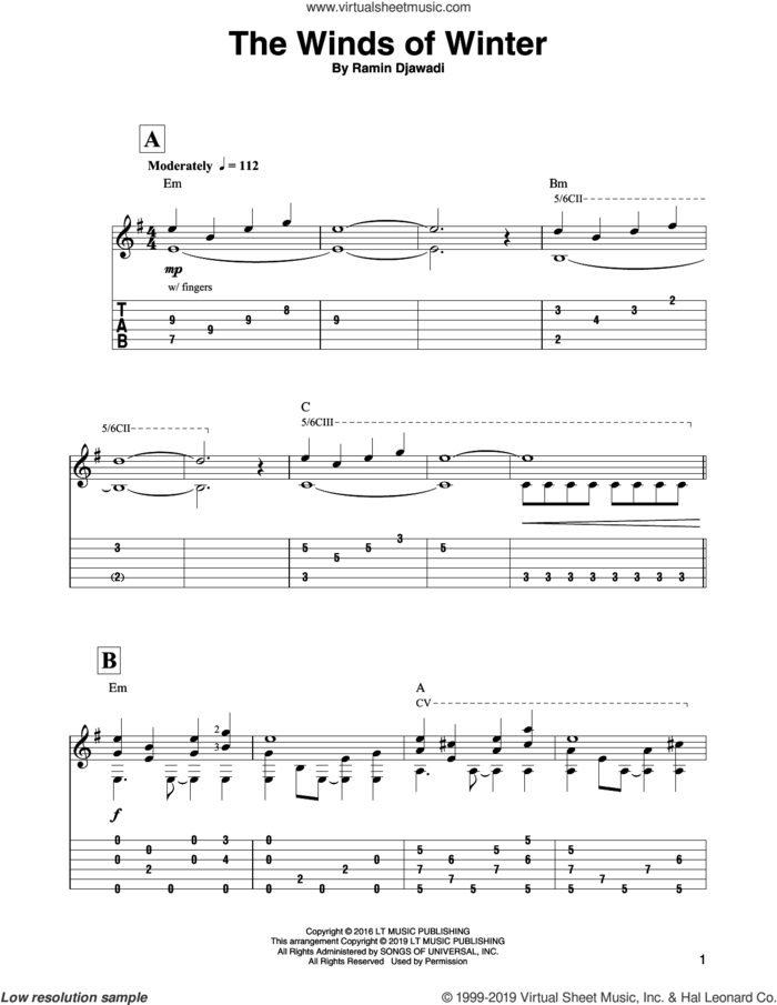 The Winds Of Winter (from Game of Thrones) sheet music for guitar solo by Ramin Djawadi, intermediate skill level