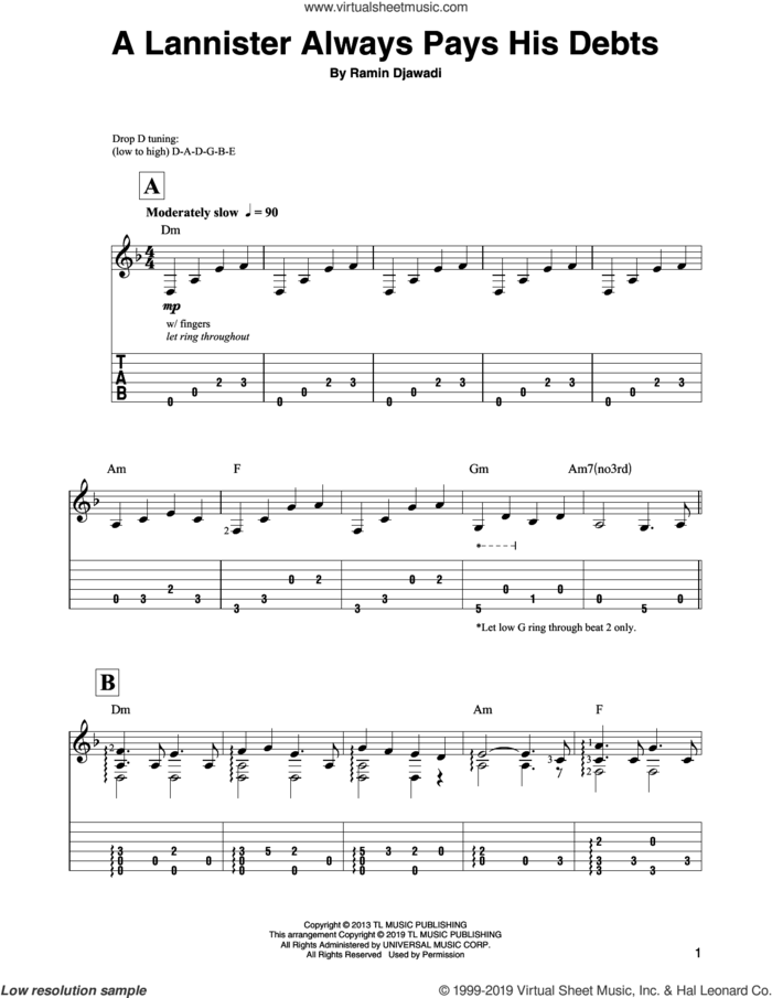 A Lannister Always Pays His Debts (from Game of Thrones) sheet music for guitar solo by Ramin Djawadi, intermediate skill level