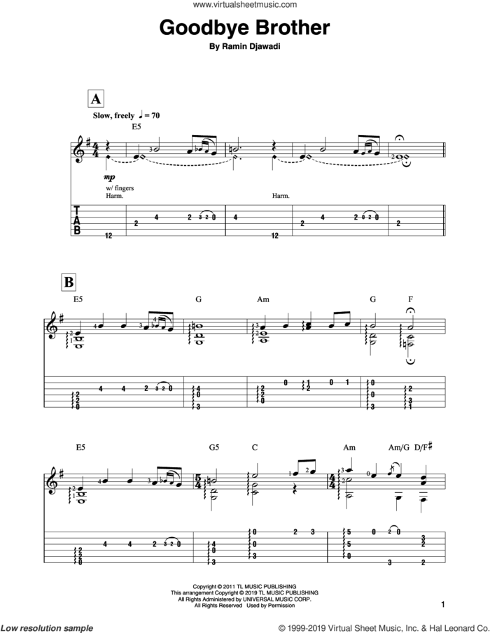 Goodbye Brother (from Game of Thrones) sheet music for guitar solo by Ramin Djawadi, intermediate skill level