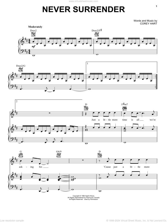 Never Surrender sheet music for voice, piano or guitar by Corey Hart, intermediate skill level