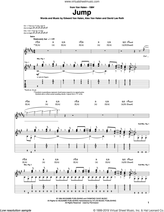 Jump sheet music for guitar (tablature) by Edward Van Halen, Alex Van Halen and David Lee Roth, intermediate skill level