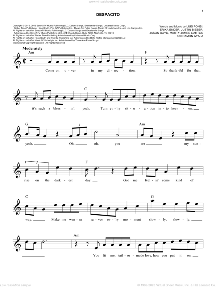 Despacito sheet music for voice and other instruments (fake book) by Luis Fonsi & Daddy Yankee feat. Justin Bieber, Erika Ender, Luis Fonsi and Ramon Ayala, easy skill level