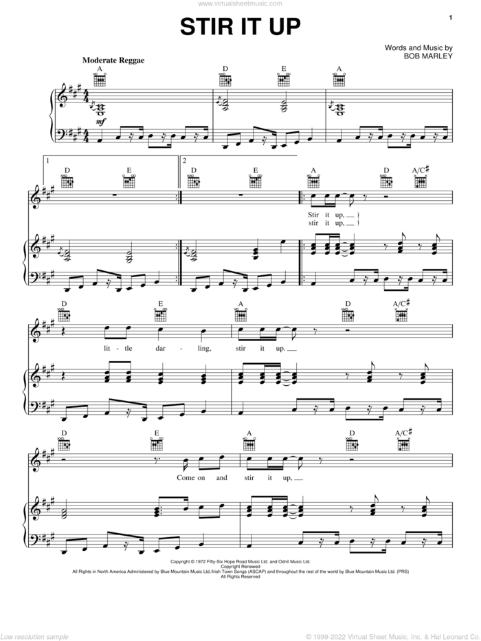 Stir It Up sheet music for voice, piano or guitar by Bob Marley, intermediate skill level