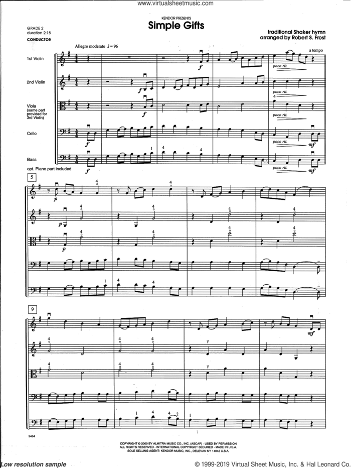 Simple Gifts (COMPLETE) sheet music for orchestra by Robert S. Frost and Miscellaneous, intermediate skill level