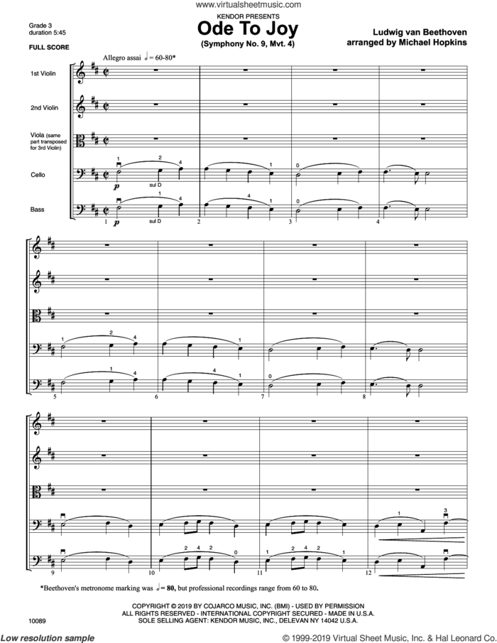 Ode To Joy (Symphony No. 9, Mvt. 4) (COMPLETE) sheet music for orchestra by Ludwig van Beethoven and Michael Hopkins, intermediate skill level