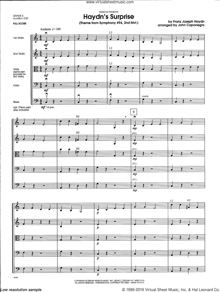 Haydn's Surprise (Theme from Symphony #94, 2nd Mvt.) (COMPLETE) sheet music for orchestra by Franz Joseph Haydn and John Caponegro, intermediate skill level