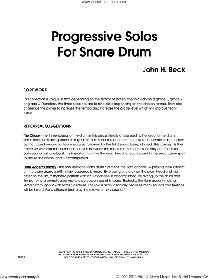 Progressive Solos For Snare Drum sheet music for percussions by John H. Beck, intermediate skill level