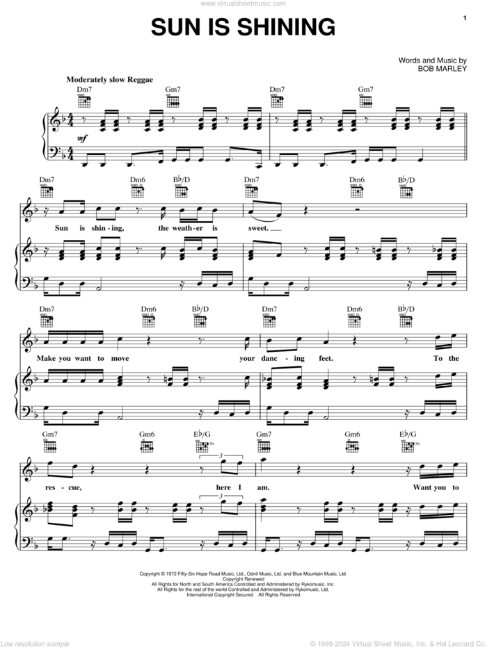 Sun Is Shining sheet music for voice, piano or guitar by Bob Marley, intermediate skill level