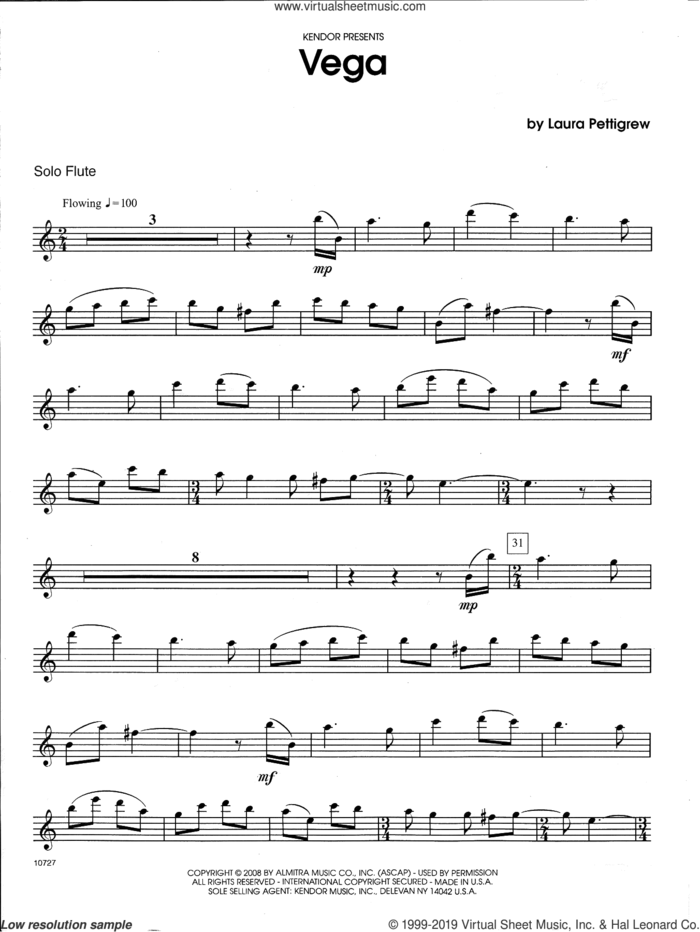 Vega (complete set of parts) sheet music for flute and piano by Laura Pettigrew, intermediate skill level