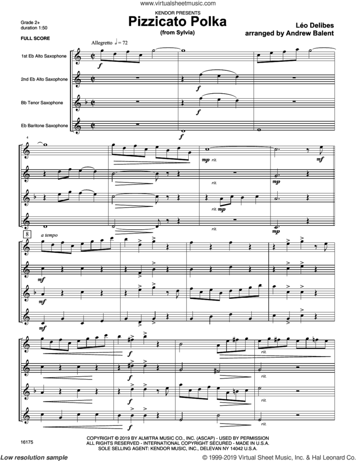 Pizzicato Polka (from Sylvia) (COMPLETE) sheet music for saxophone quartet by Leo Delibes and Andrew Balent, intermediate skill level