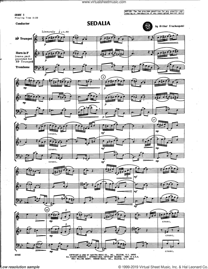 Sedalia (COMPLETE) sheet music for brass trio by Arthur Frackenpohl, intermediate skill level
