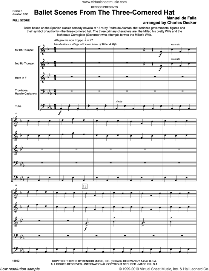 Ballet Scenes From The Three-cornered Hat (COMPLETE) sheet music for brass quintet by Manuel De Falla and Charles Decker, classical score, intermediate skill level