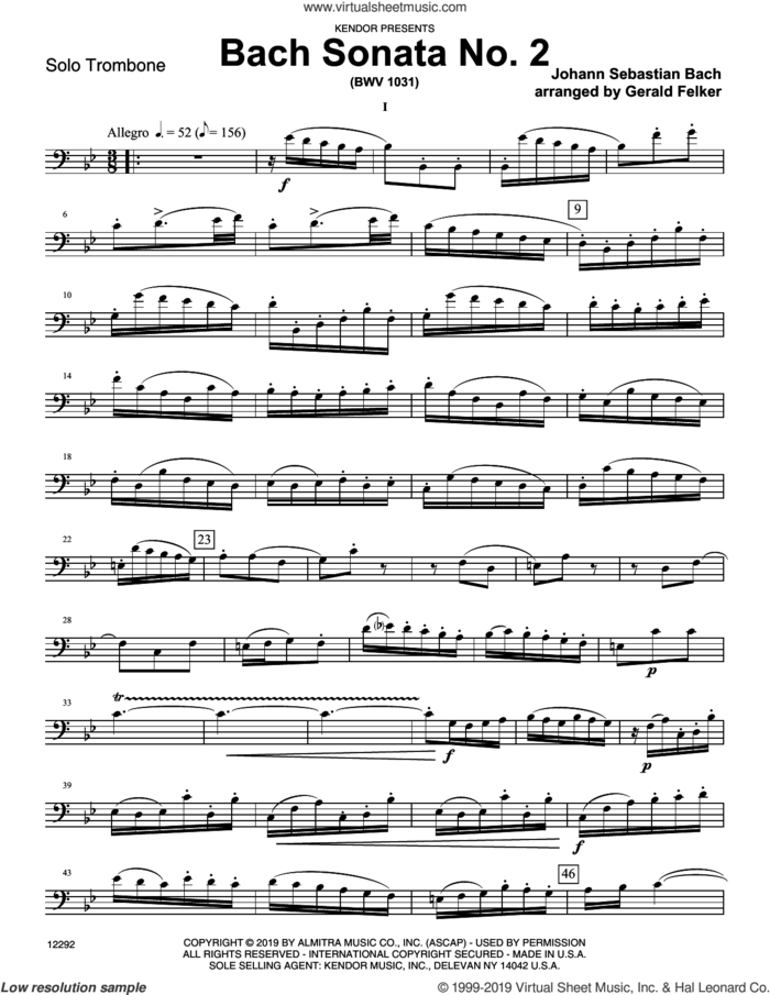 Bach Sonata No. 2 (bwv 1031) (complete set of parts) sheet music for trombone and piano by Johann Sebastian Bach and Gerald Felker, intermediate skill level