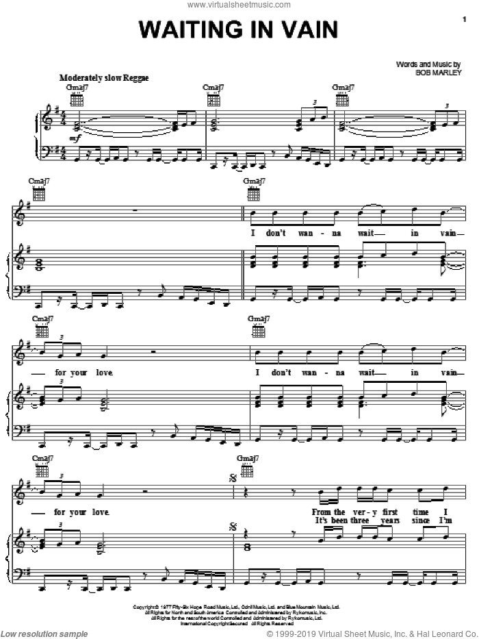 Waiting In Vain sheet music for voice, piano or guitar by Bob Marley, intermediate skill level