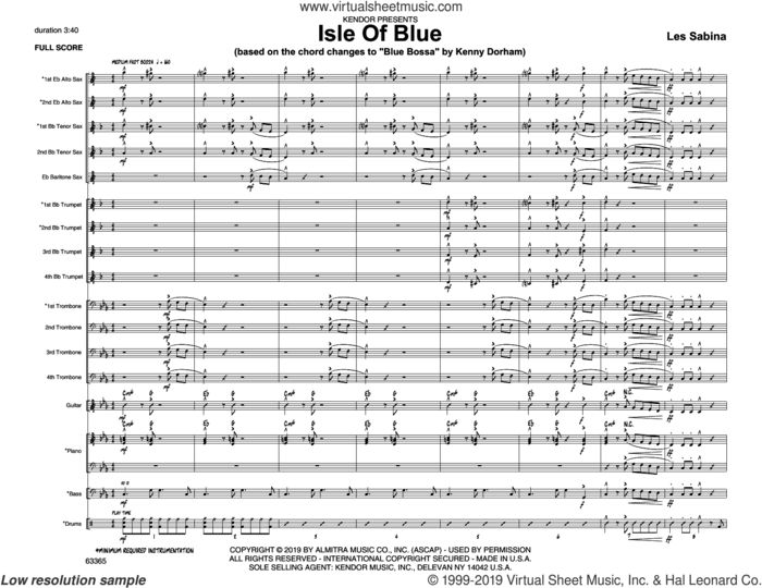 Isle Of Blue (based on the chord changes to 'Blue Bossa') (COMPLETE) sheet music for jazz band by Les Sabina, intermediate skill level