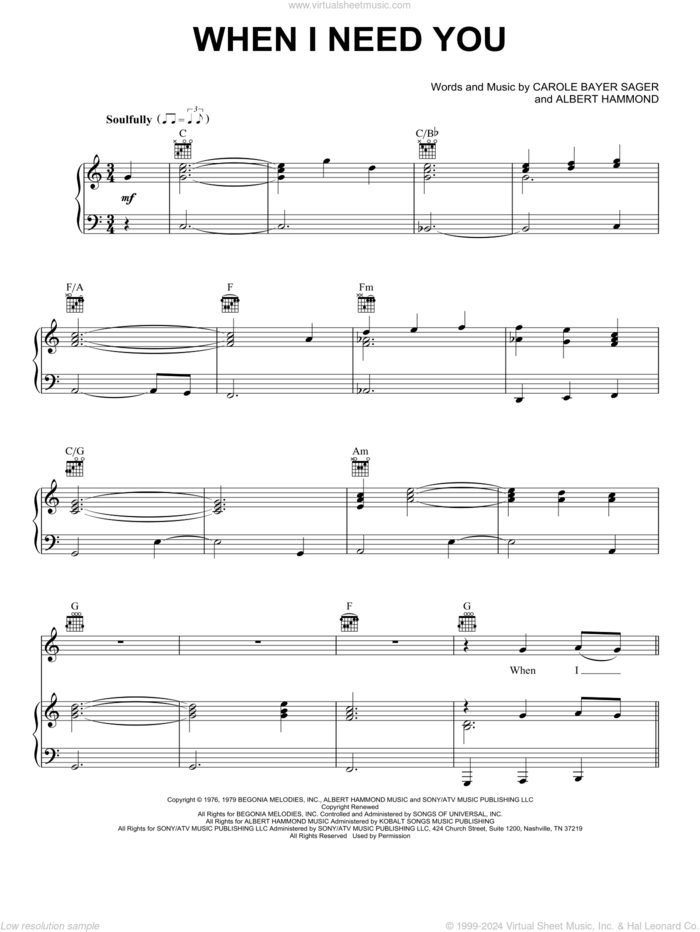 When I Need You sheet music for voice, piano or guitar by Leo Sayer, Albert Hammond and Carole Bayer Sager, intermediate skill level