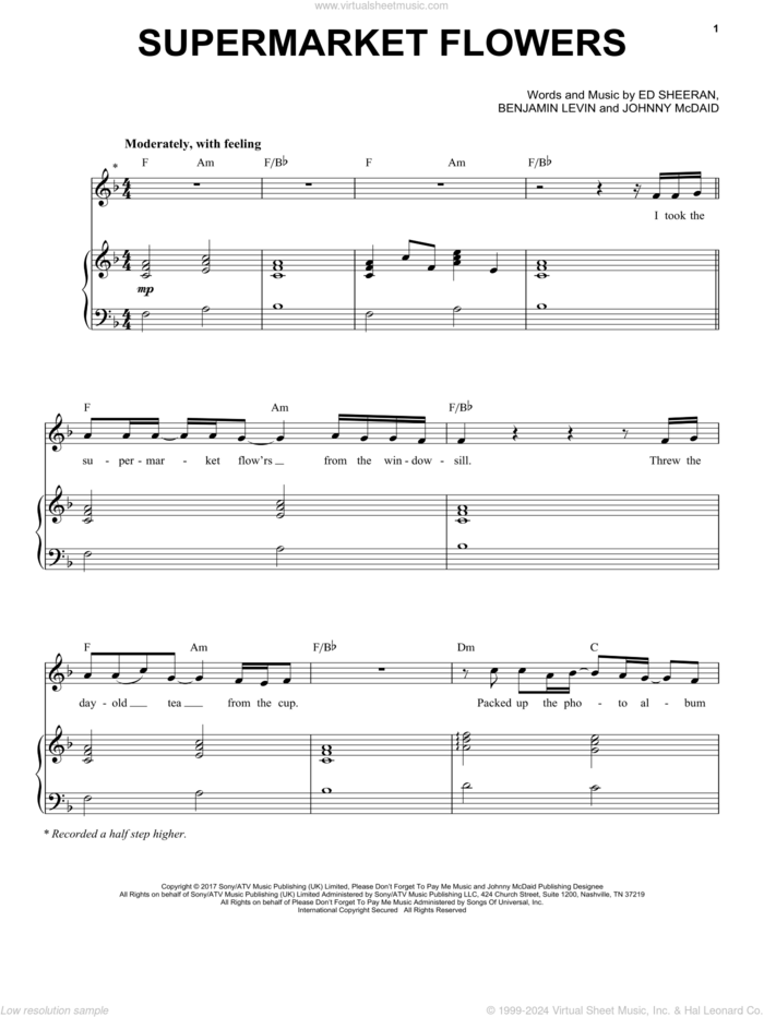 Supermarket Flowers sheet music for voice and piano by Ed Sheeran, Benjamin Levin and Johnny McDaid, intermediate skill level