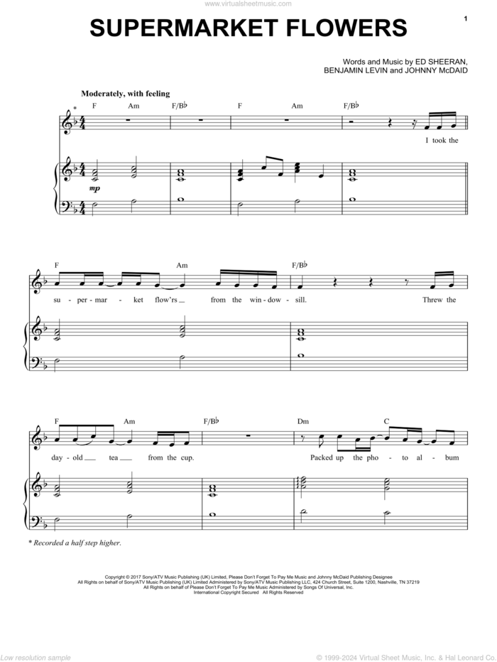 Supermarket Flowers sheet music for voice and piano by Ed Sheeran, Benjamin Levin and Johnny McDaid, intermediate skill level